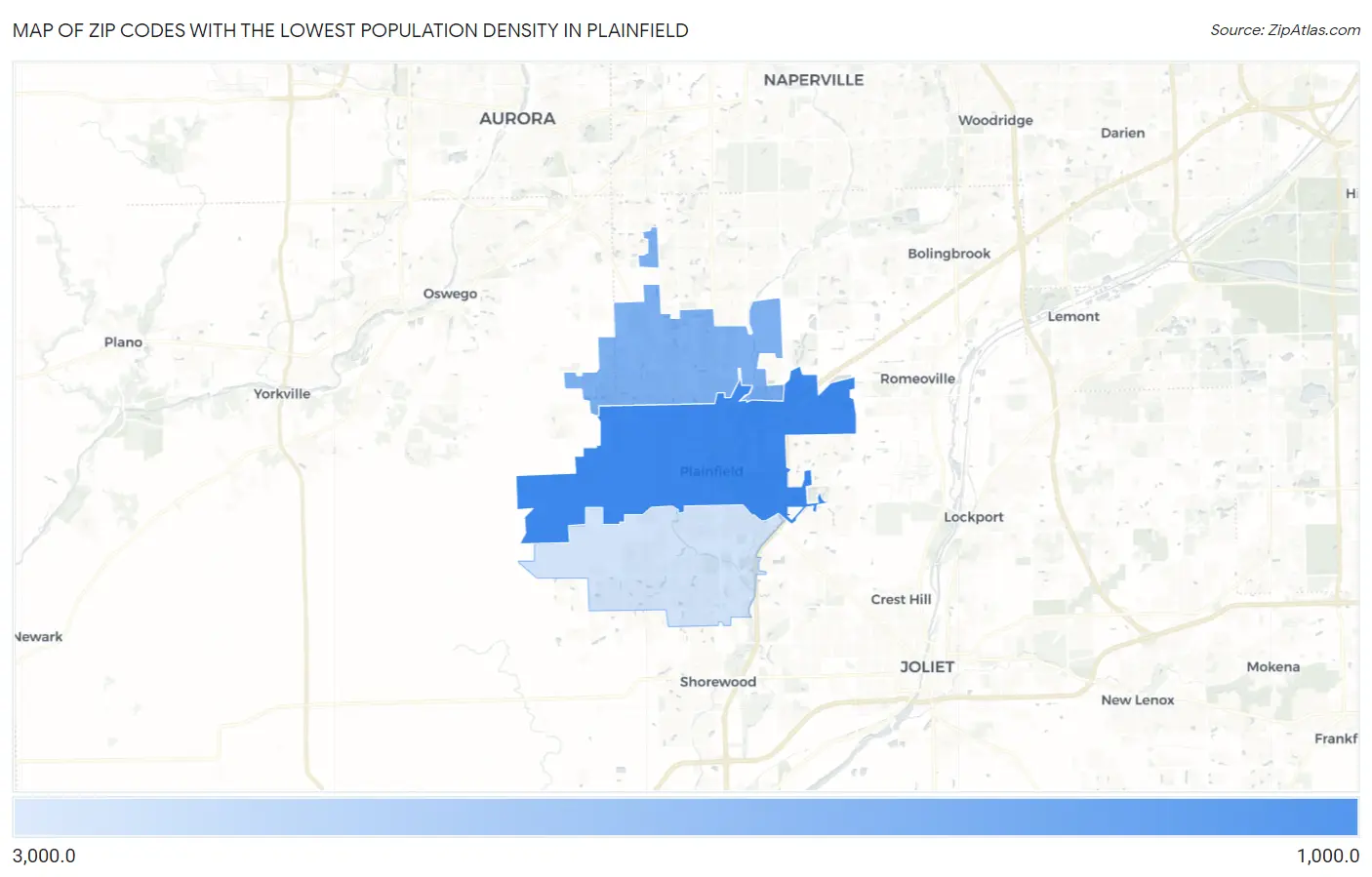 Zip Codes with the Lowest Population Density in Plainfield Map