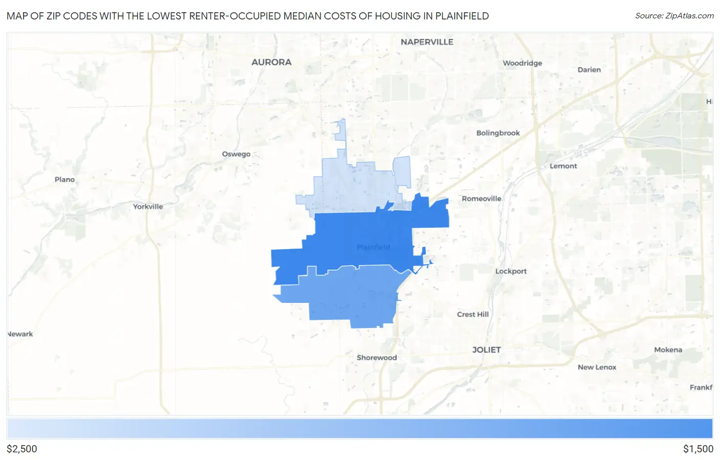 Zip Codes with the Lowest Renter-Occupied Median Costs of Housing in Plainfield Map