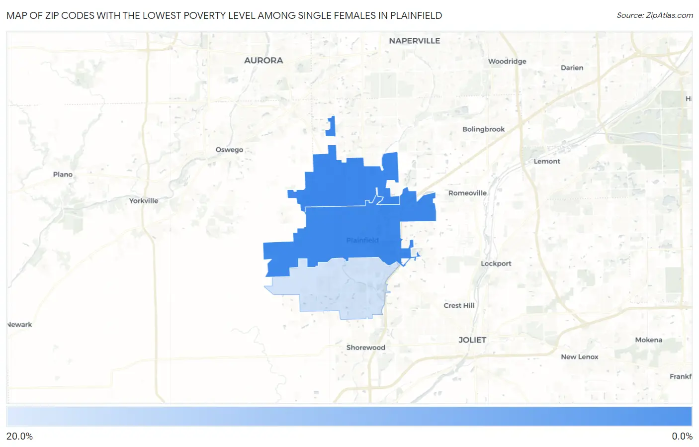 Zip Codes with the Lowest Poverty Level Among Single Females in Plainfield Map