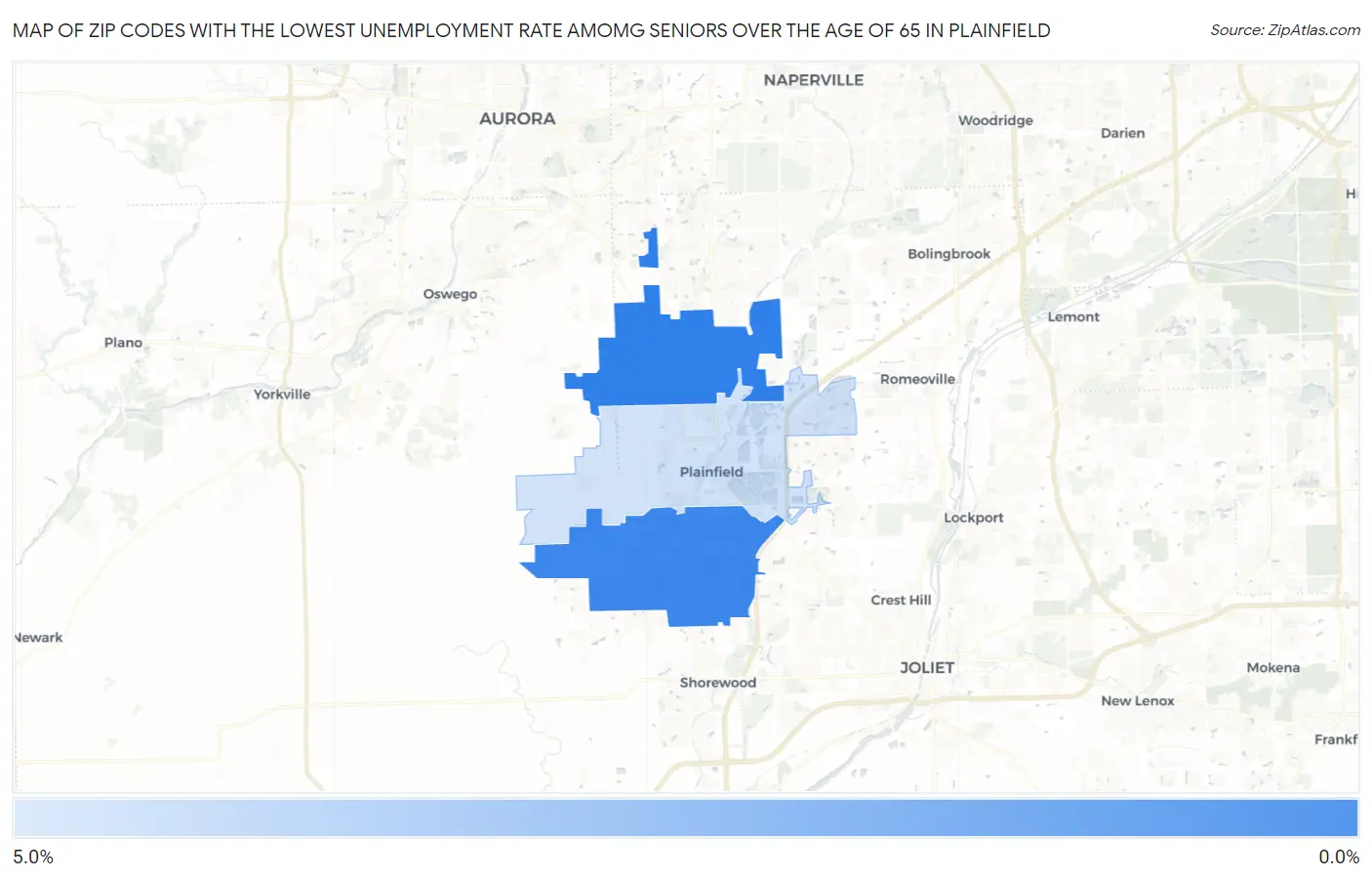 Zip Codes with the Lowest Unemployment Rate Amomg Seniors Over the Age of 65 in Plainfield Map