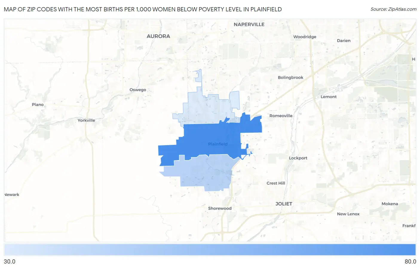 Zip Codes with the Most Births per 1,000 Women Below Poverty Level in Plainfield Map