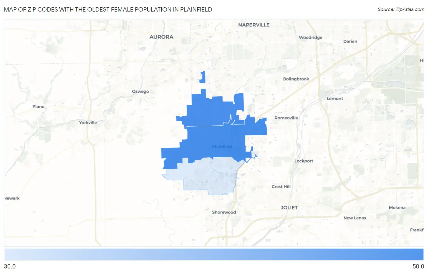 Zip Codes with the Oldest Female Population in Plainfield Map