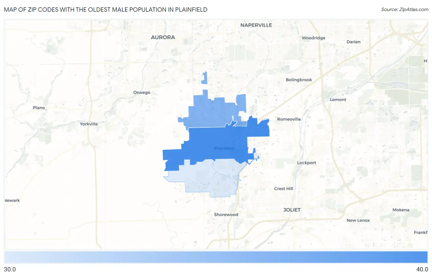 Zip Codes with the Oldest Male Population in Plainfield Map