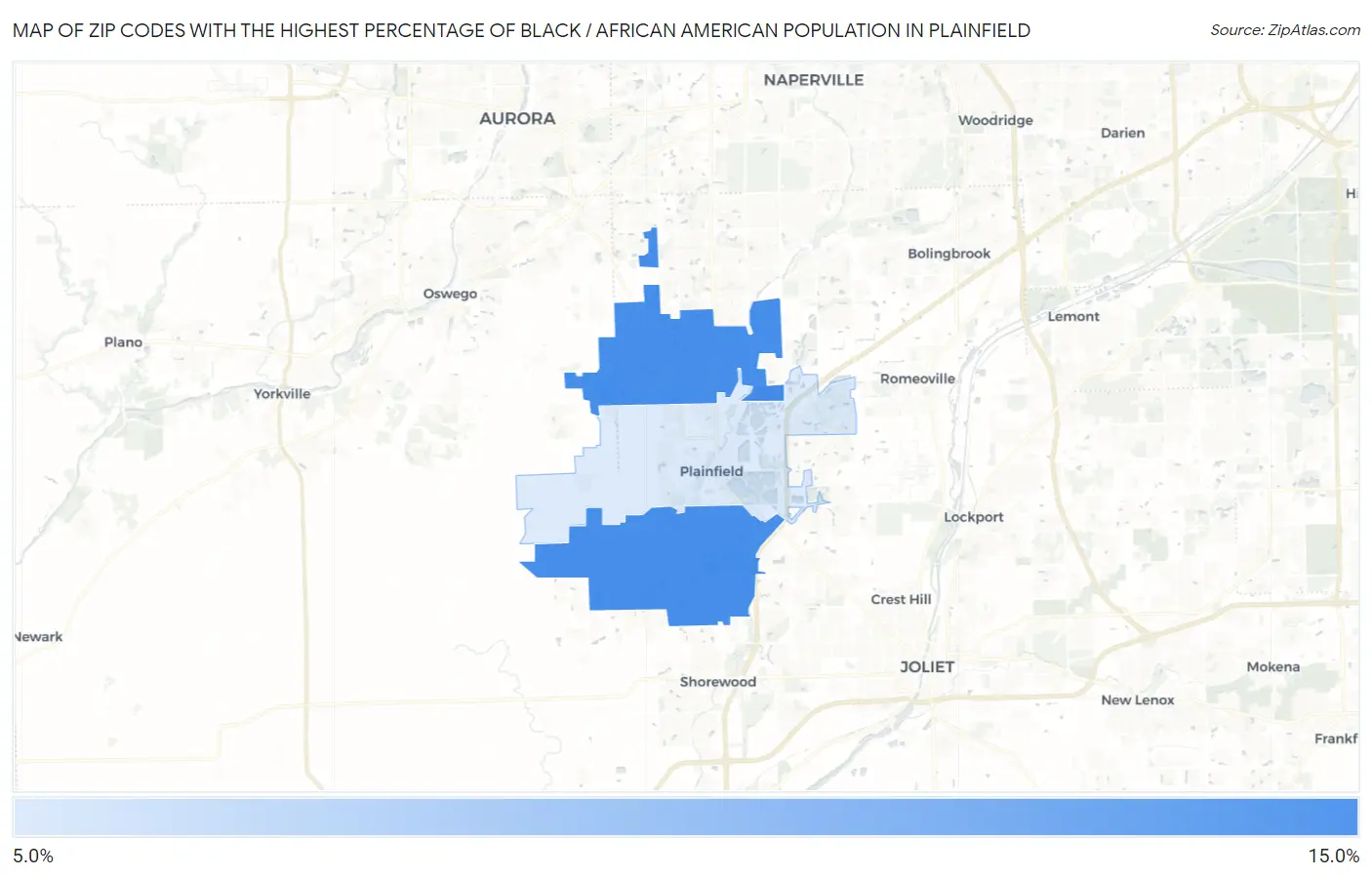 Zip Codes with the Highest Percentage of Black / African American Population in Plainfield Map