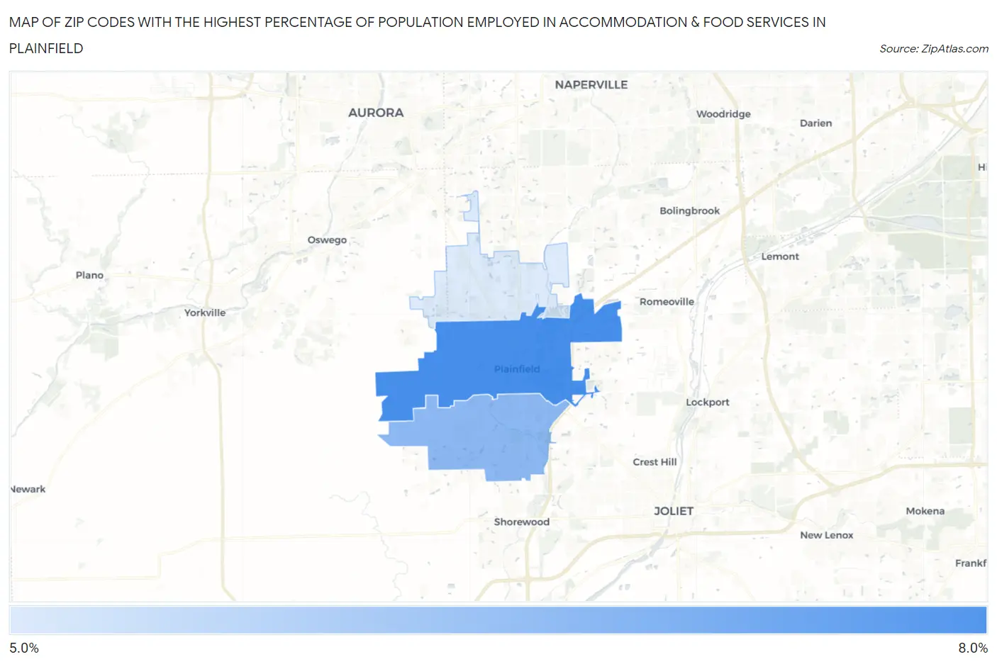 Zip Codes with the Highest Percentage of Population Employed in Accommodation & Food Services in Plainfield Map