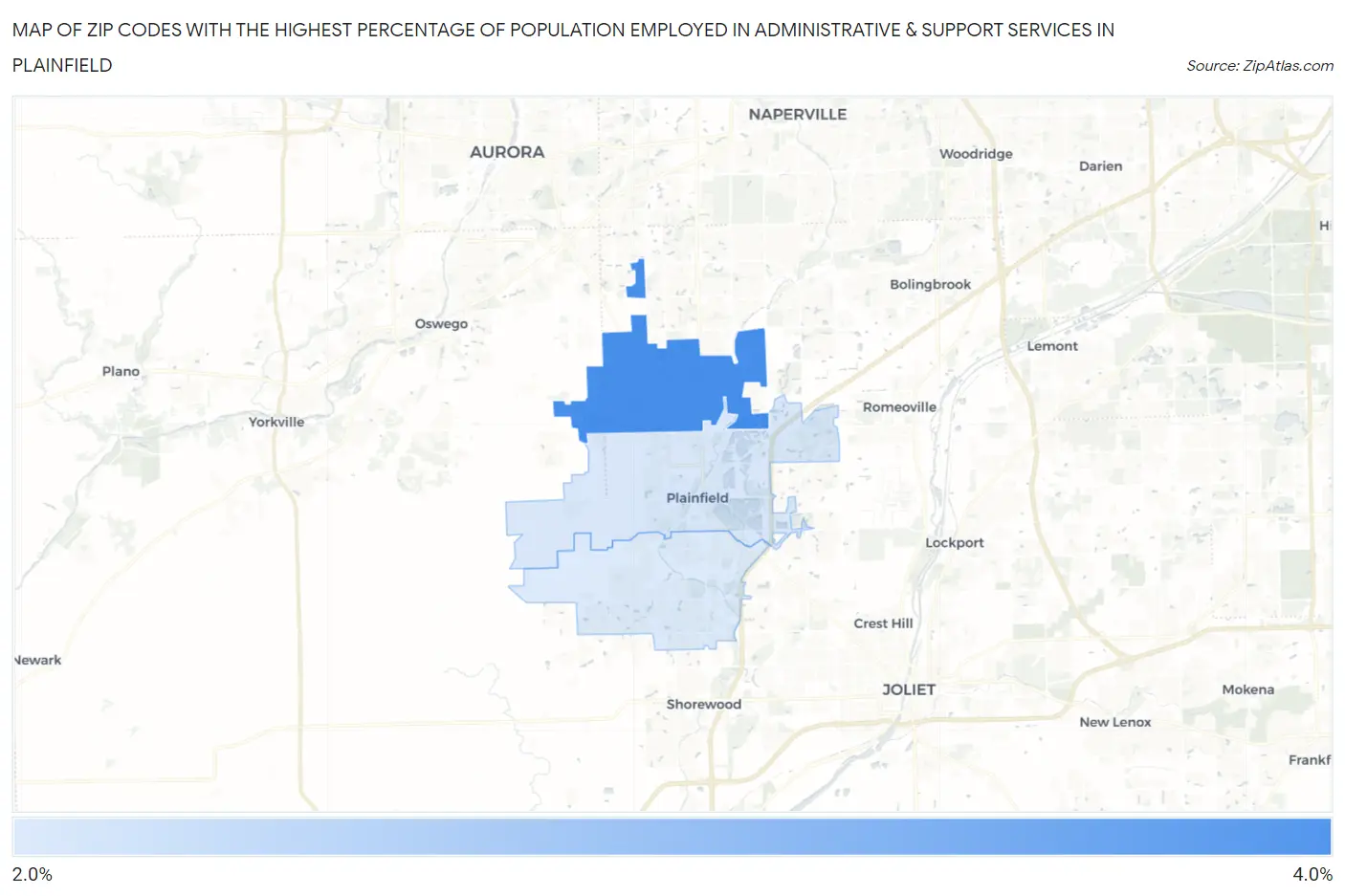 Zip Codes with the Highest Percentage of Population Employed in Administrative & Support Services in Plainfield Map