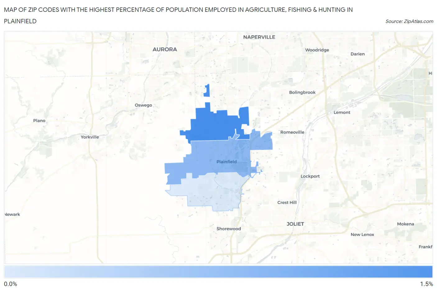 Zip Codes with the Highest Percentage of Population Employed in Agriculture, Fishing & Hunting in Plainfield Map