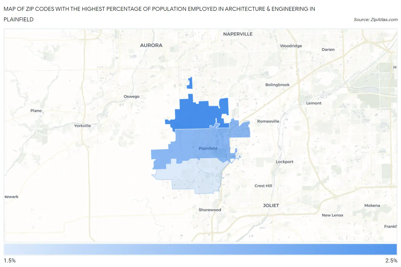 Zip Codes with the Highest Percentage of Population Employed in Architecture & Engineering in Plainfield Map