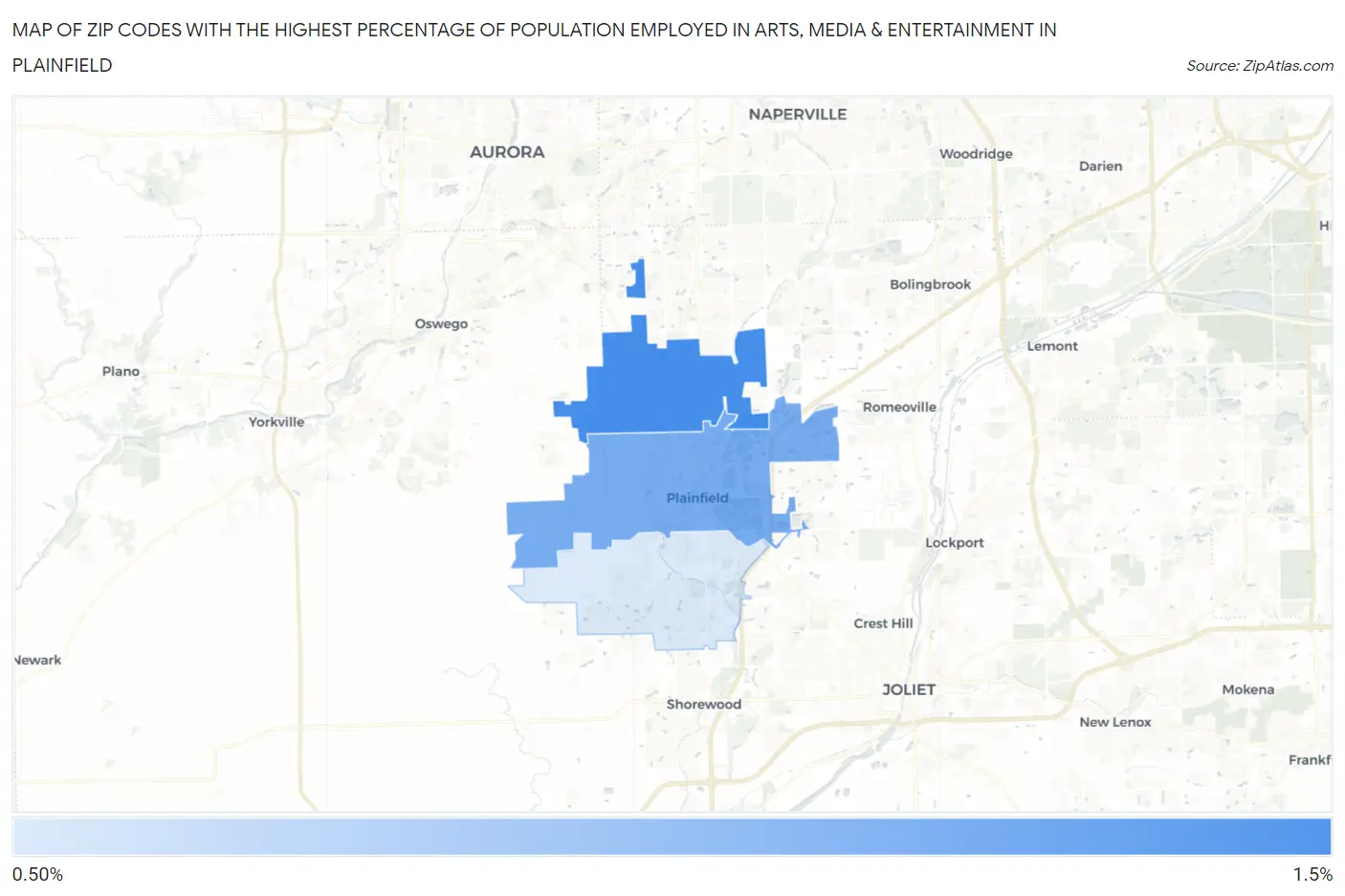 Zip Codes with the Highest Percentage of Population Employed in Arts, Media & Entertainment in Plainfield Map