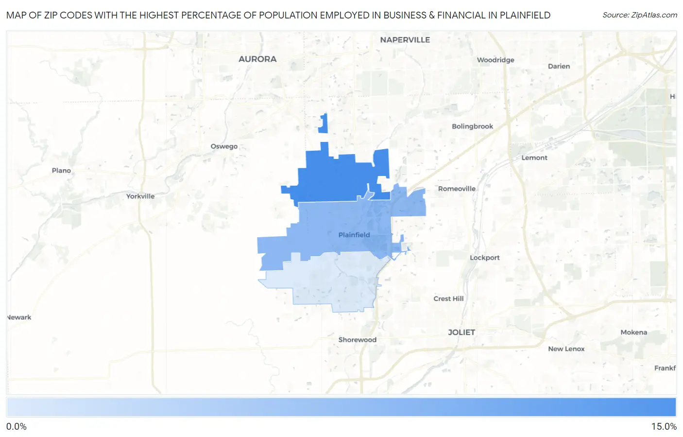 Zip Codes with the Highest Percentage of Population Employed in Business & Financial in Plainfield Map
