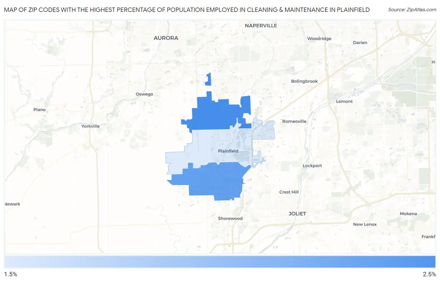 Zip Codes with the Highest Percentage of Population Employed in Cleaning & Maintenance in Plainfield Map