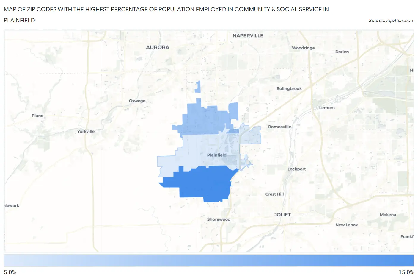 Zip Codes with the Highest Percentage of Population Employed in Community & Social Service  in Plainfield Map