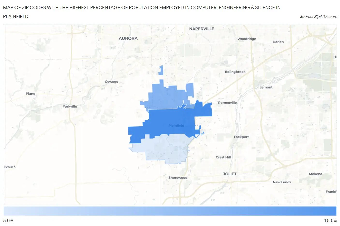 Zip Codes with the Highest Percentage of Population Employed in Computer, Engineering & Science in Plainfield Map