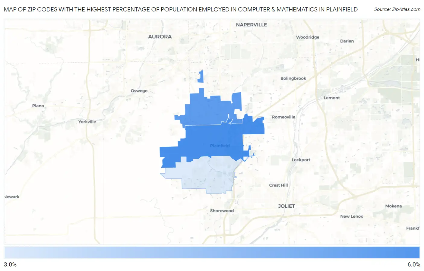Zip Codes with the Highest Percentage of Population Employed in Computer & Mathematics in Plainfield Map