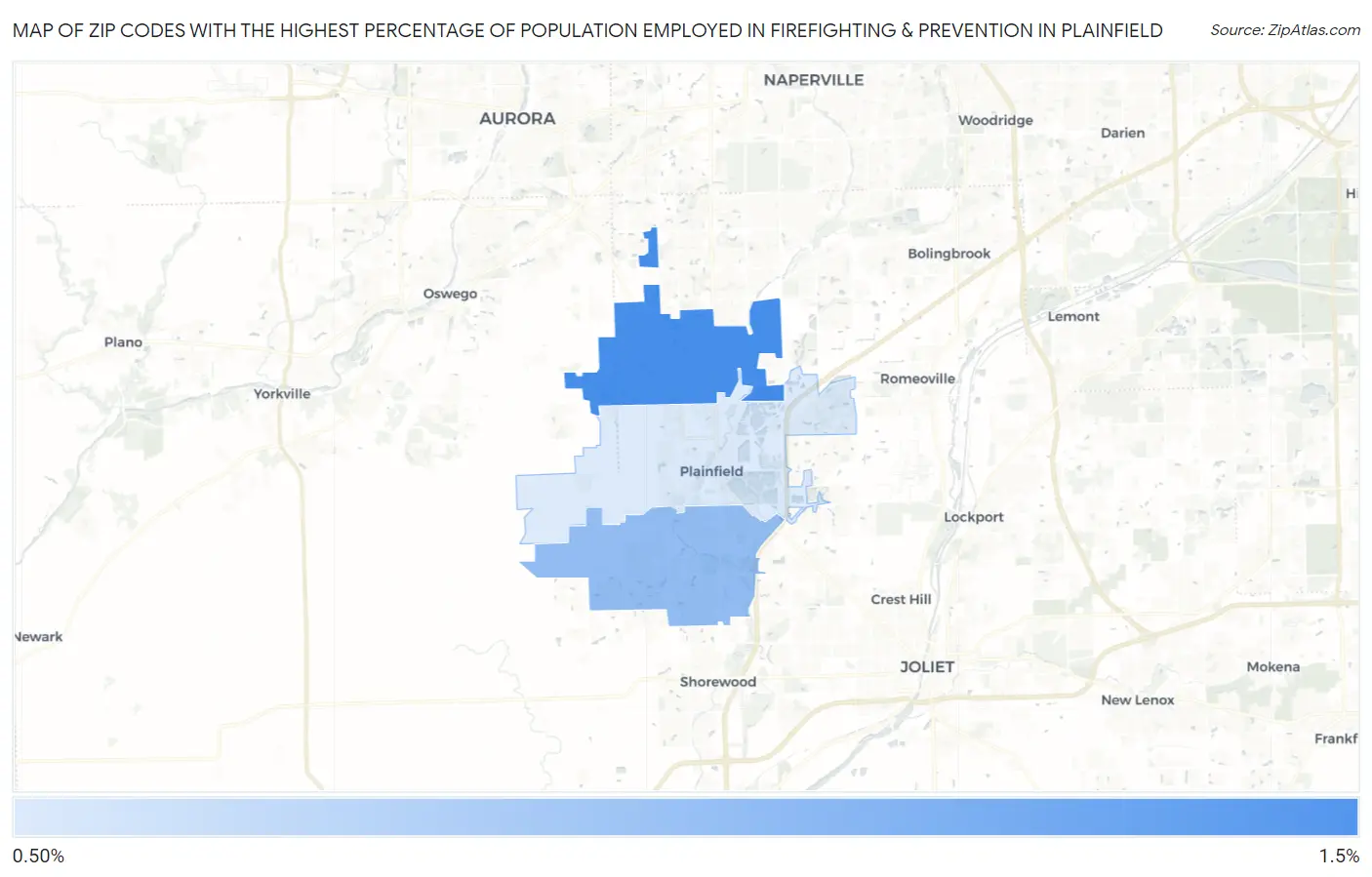Zip Codes with the Highest Percentage of Population Employed in Firefighting & Prevention in Plainfield Map