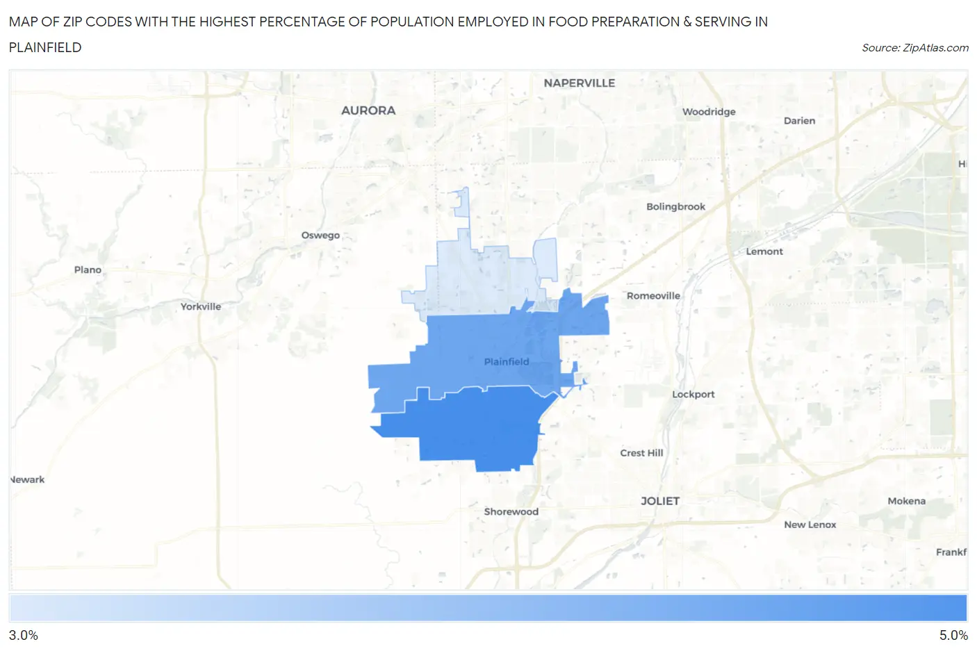 Zip Codes with the Highest Percentage of Population Employed in Food Preparation & Serving in Plainfield Map