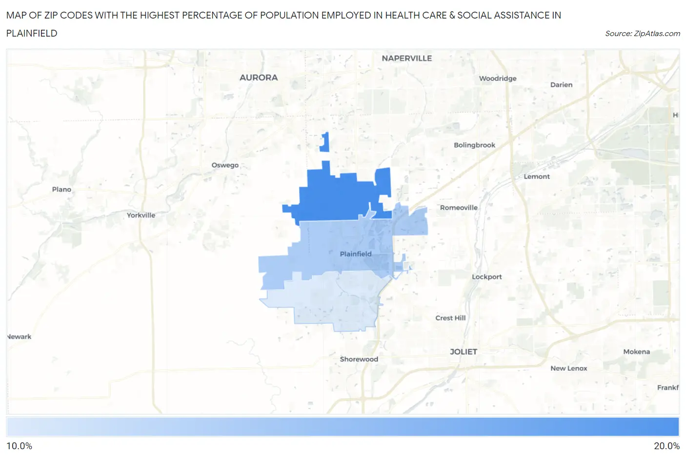 Zip Codes with the Highest Percentage of Population Employed in Health Care & Social Assistance in Plainfield Map