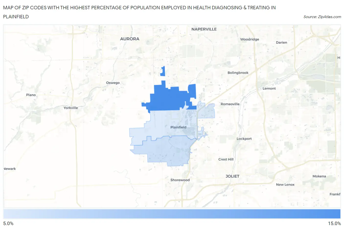 Zip Codes with the Highest Percentage of Population Employed in Health Diagnosing & Treating in Plainfield Map