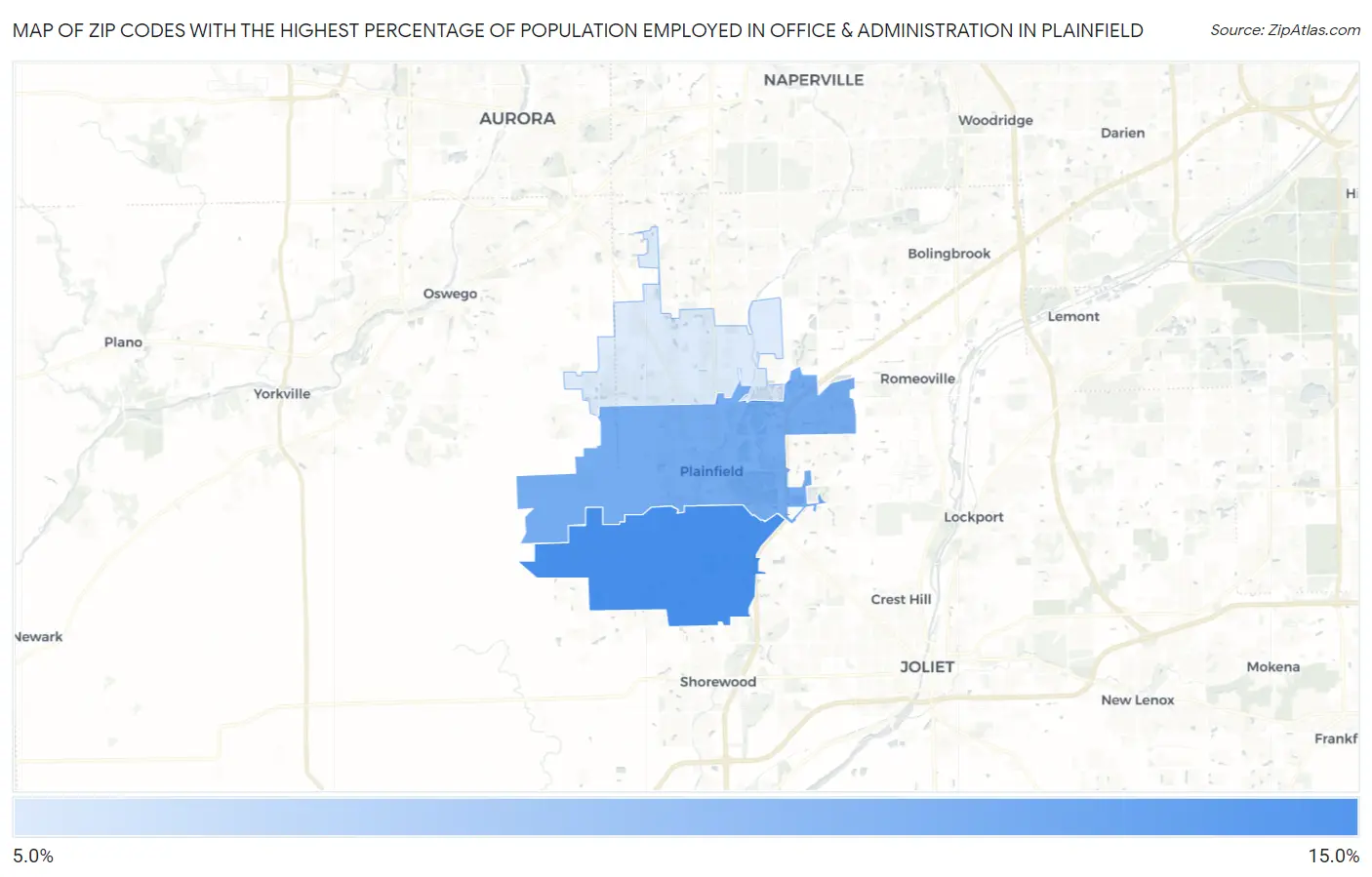 Zip Codes with the Highest Percentage of Population Employed in Office & Administration in Plainfield Map