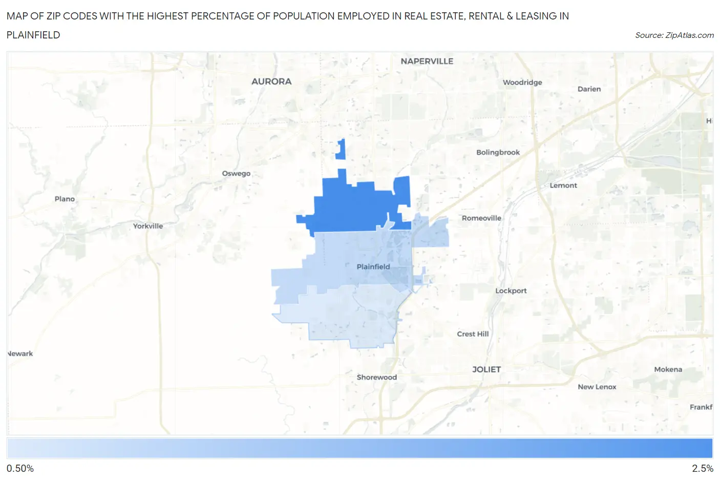 Zip Codes with the Highest Percentage of Population Employed in Real Estate, Rental & Leasing in Plainfield Map