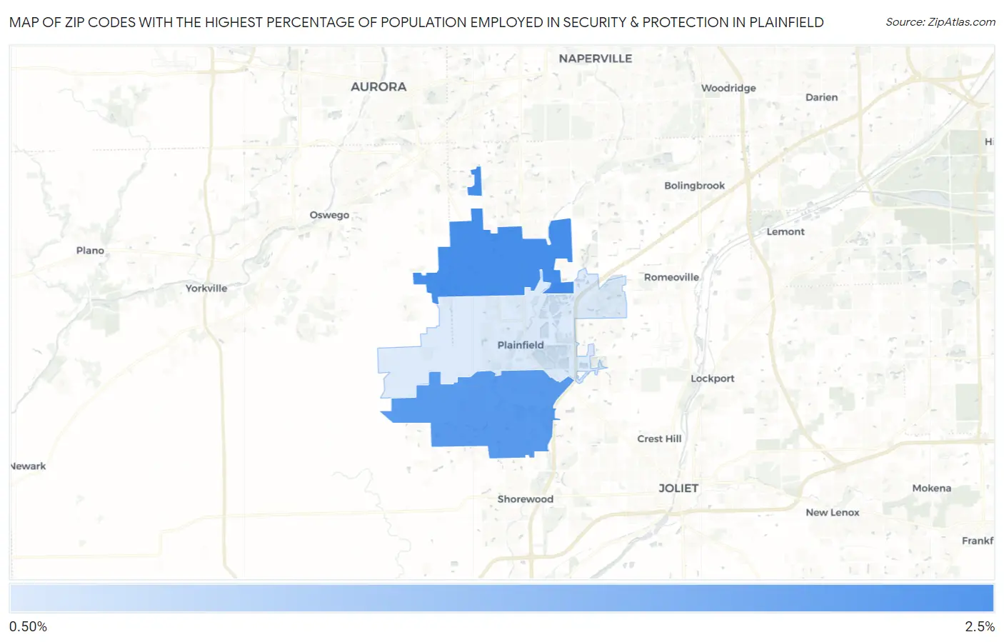 Zip Codes with the Highest Percentage of Population Employed in Security & Protection in Plainfield Map