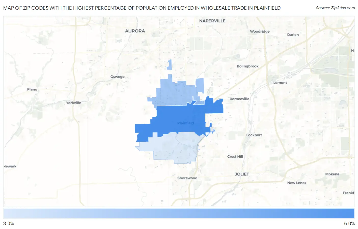 Zip Codes with the Highest Percentage of Population Employed in Wholesale Trade in Plainfield Map