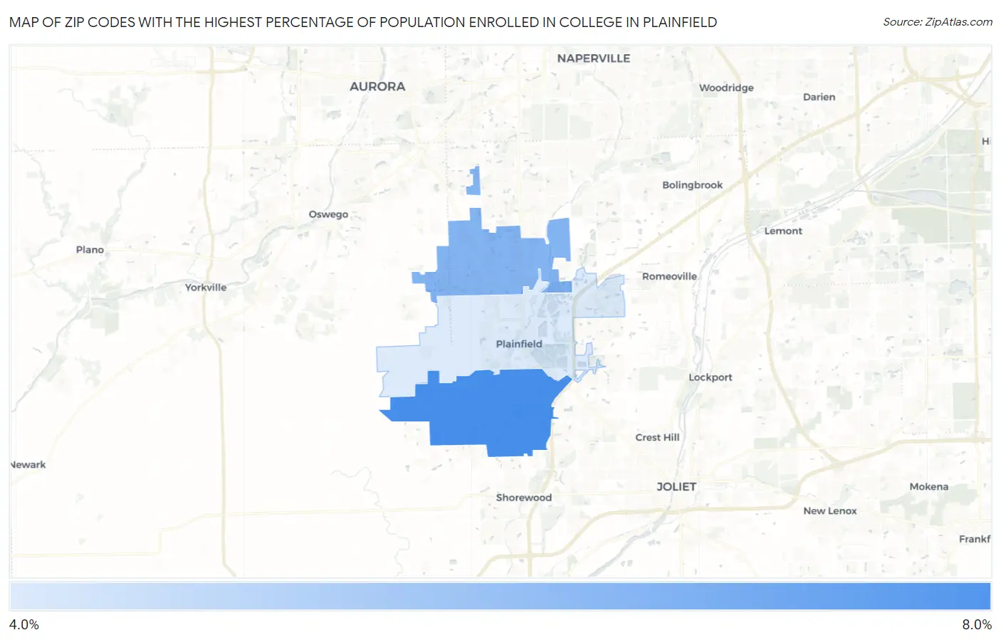 Zip Codes with the Highest Percentage of Population Enrolled in College in Plainfield Map