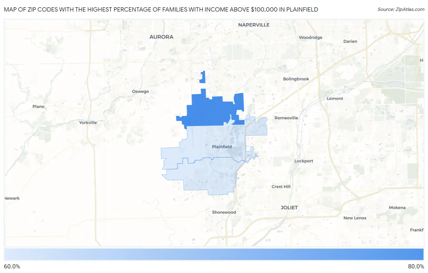 Zip Codes with the Highest Percentage of Families with Income Above $100,000 in Plainfield Map