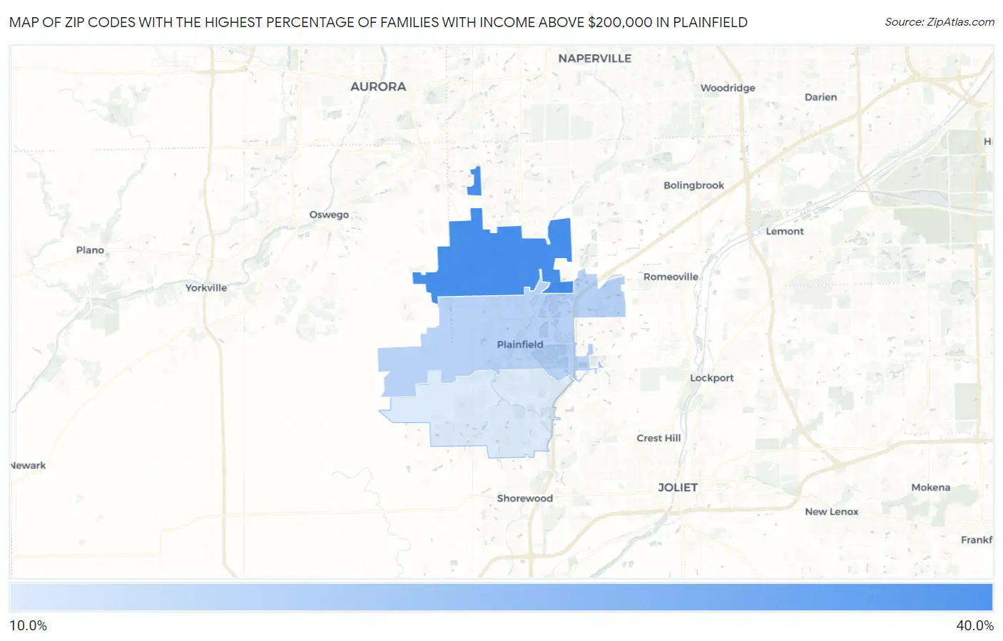 Zip Codes with the Highest Percentage of Families with Income Above $200,000 in Plainfield Map