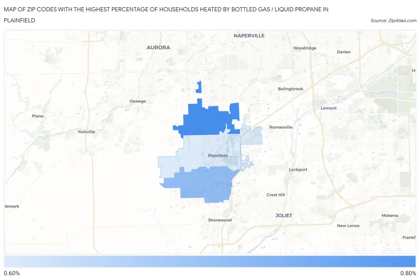 Zip Codes with the Highest Percentage of Households Heated by Bottled Gas / Liquid Propane in Plainfield Map