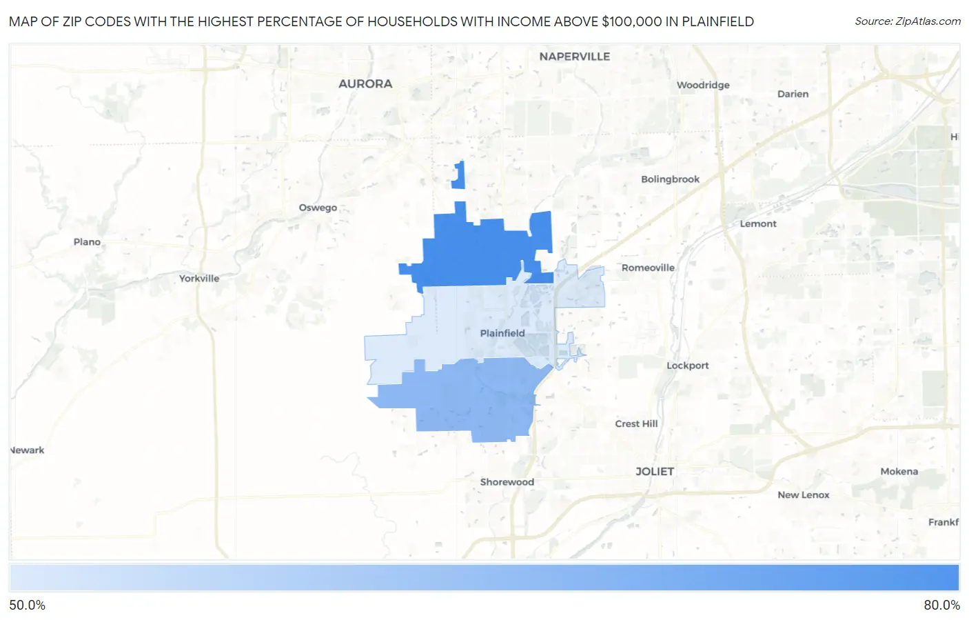 Zip Codes with the Highest Percentage of Households with Income Above $100,000 in Plainfield Map