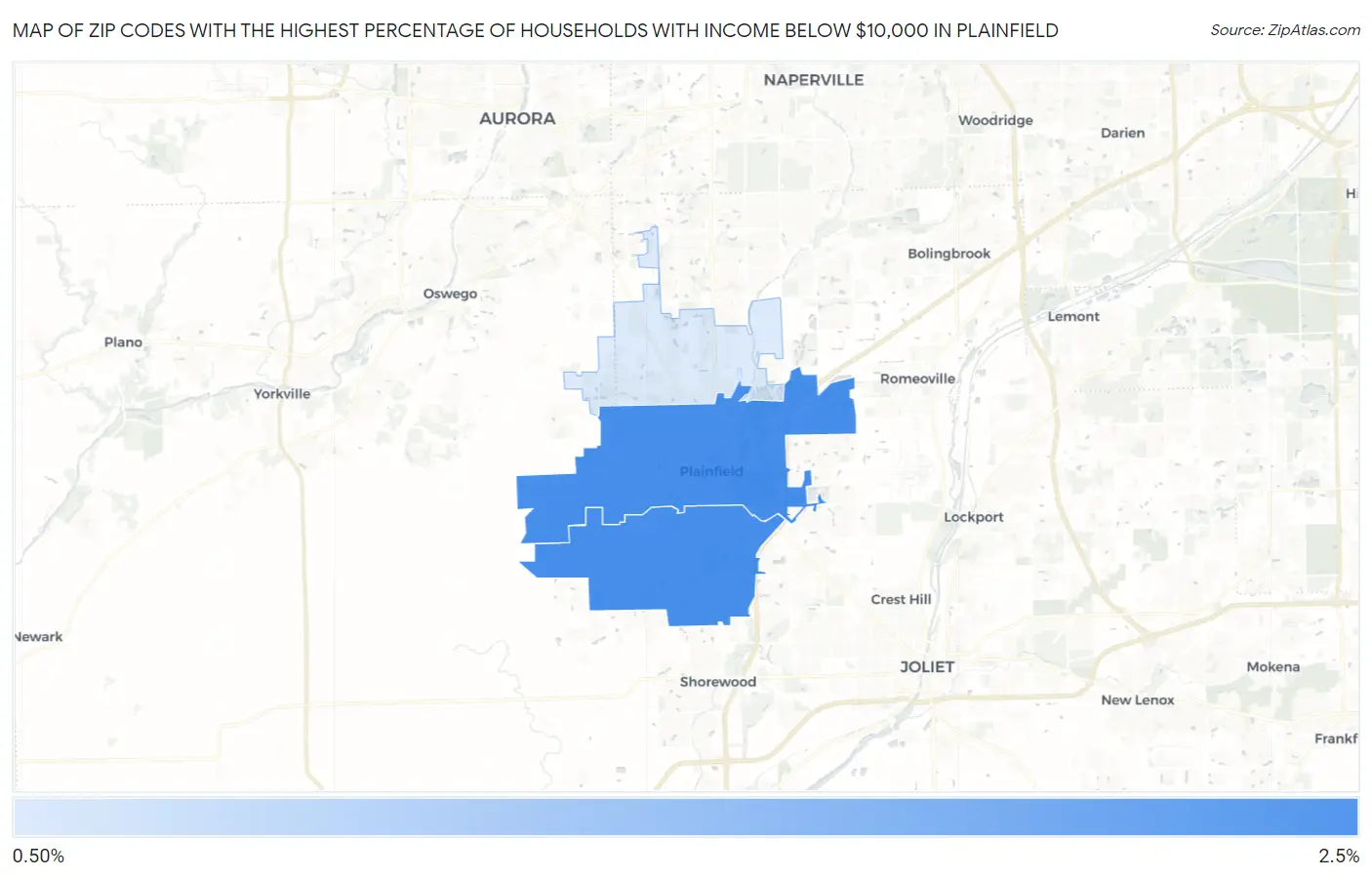 Zip Codes with the Highest Percentage of Households with Income Below $10,000 in Plainfield Map