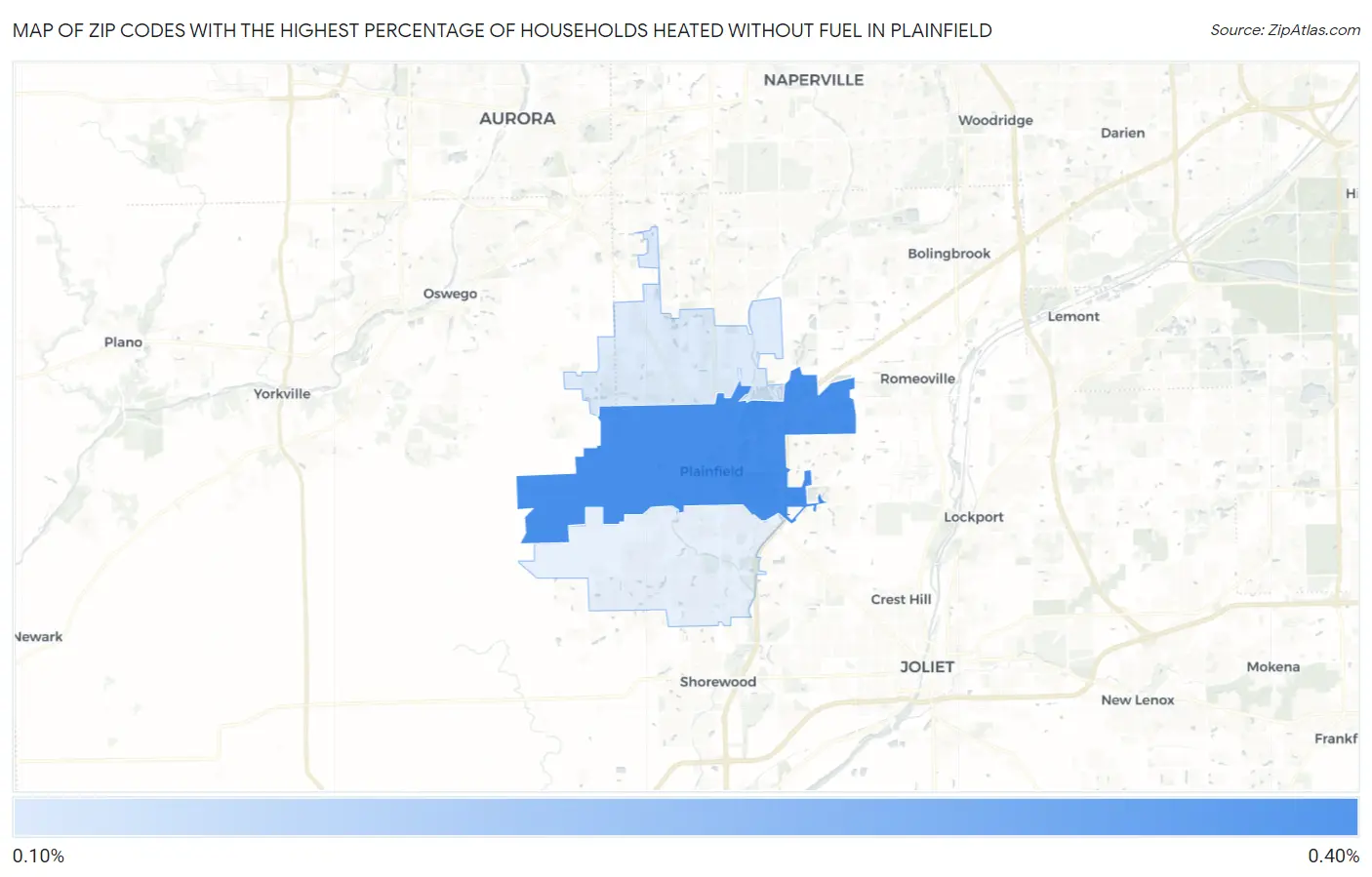 Zip Codes with the Highest Percentage of Households Heated without Fuel in Plainfield Map