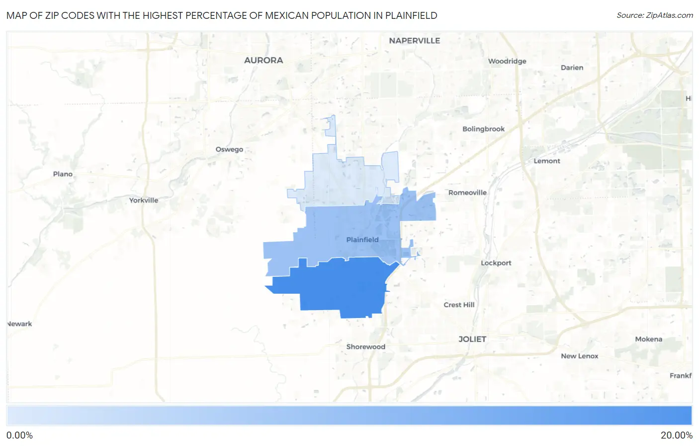 Zip Codes with the Highest Percentage of Mexican Population in Plainfield Map
