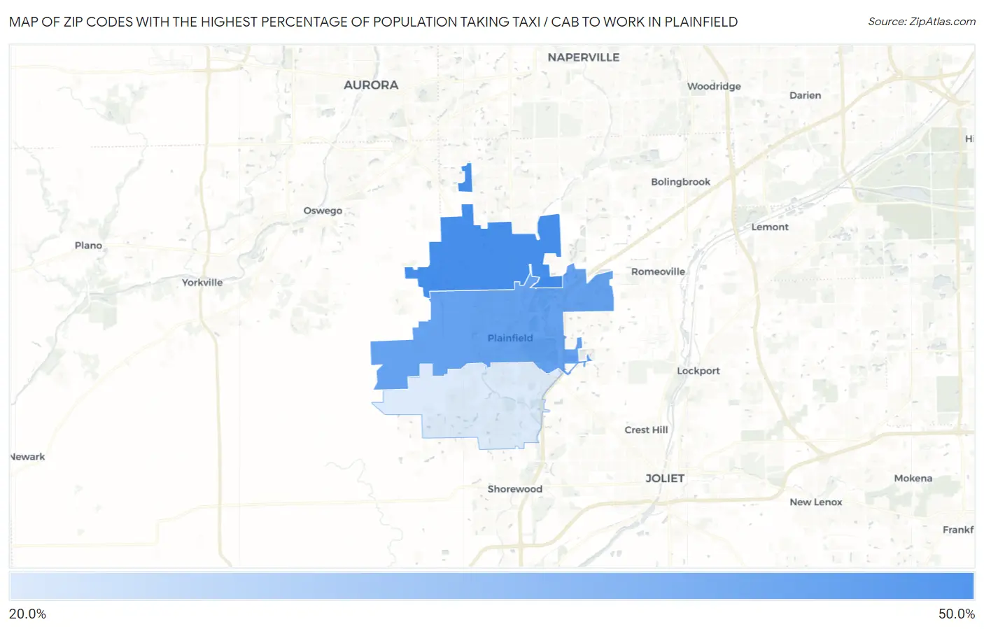 Zip Codes with the Highest Percentage of Population Taking Taxi / Cab to Work in Plainfield Map
