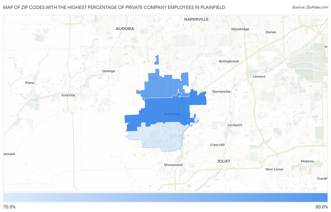 Zip Codes with the Highest Percentage of Private Company Employees in Plainfield Map
