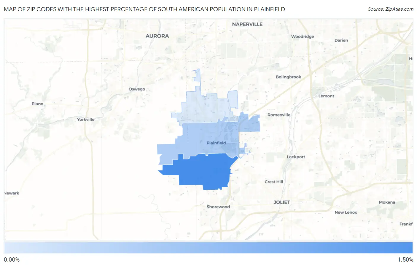 Zip Codes with the Highest Percentage of South American Population in Plainfield Map