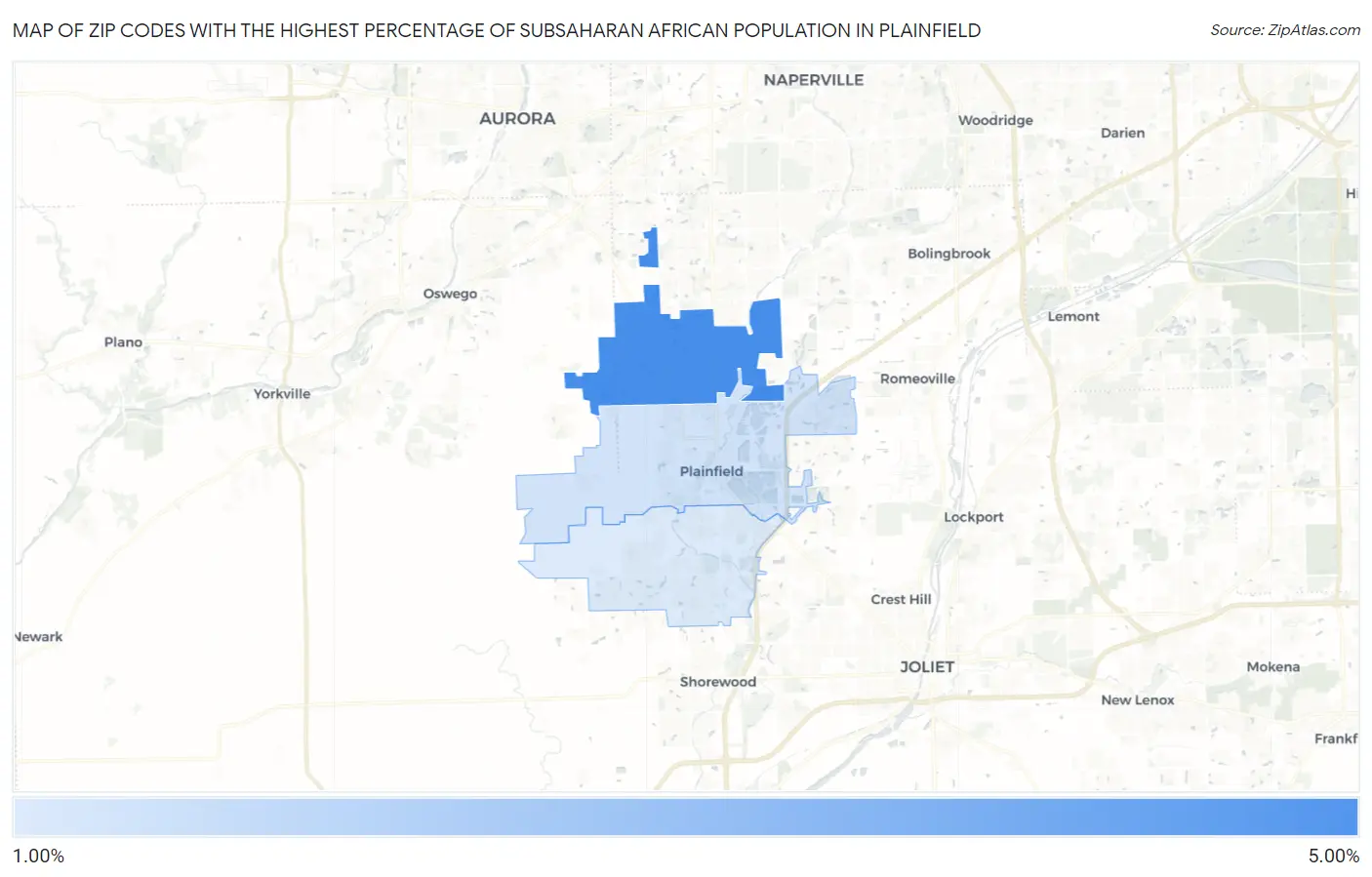 Zip Codes with the Highest Percentage of Subsaharan African Population in Plainfield Map