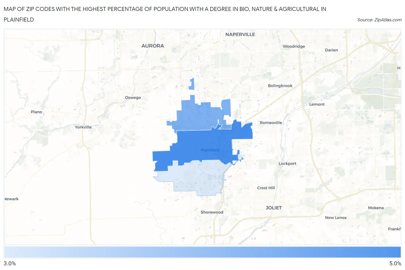 Zip Codes with the Highest Percentage of Population with a Degree in Bio, Nature & Agricultural in Plainfield Map