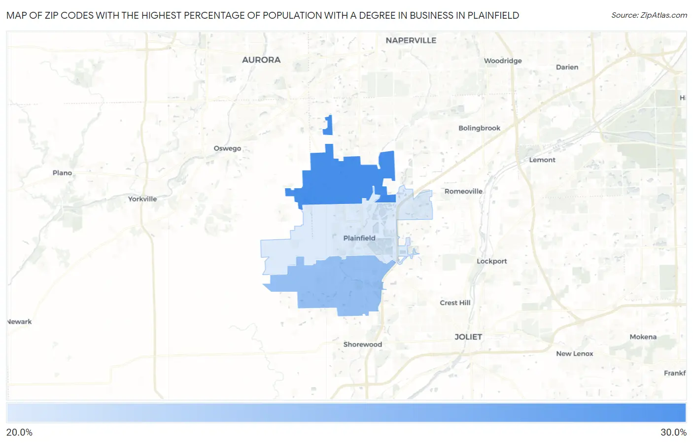 Zip Codes with the Highest Percentage of Population with a Degree in Business in Plainfield Map
