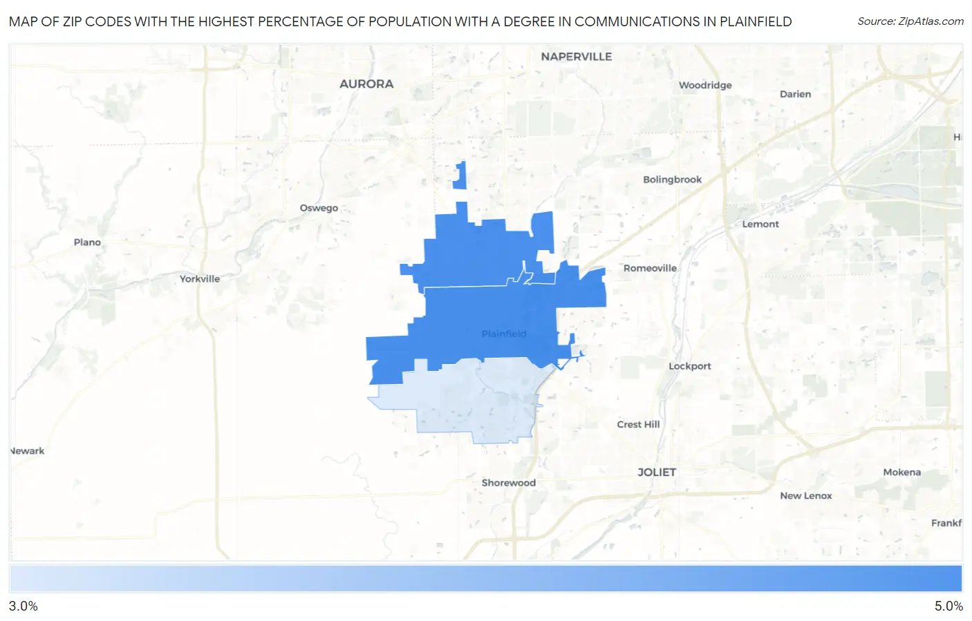 Zip Codes with the Highest Percentage of Population with a Degree in Communications in Plainfield Map