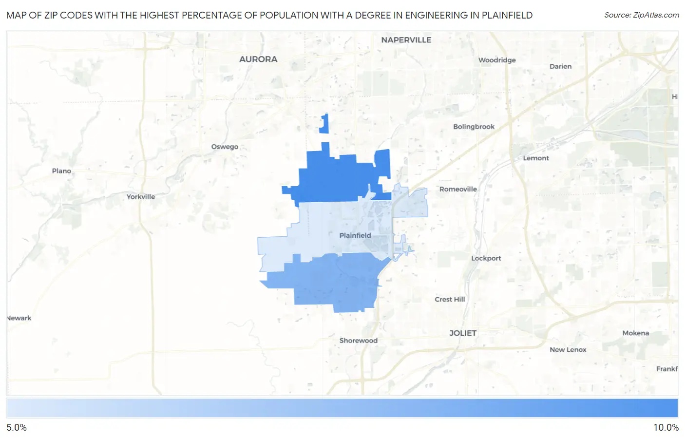 Zip Codes with the Highest Percentage of Population with a Degree in Engineering in Plainfield Map