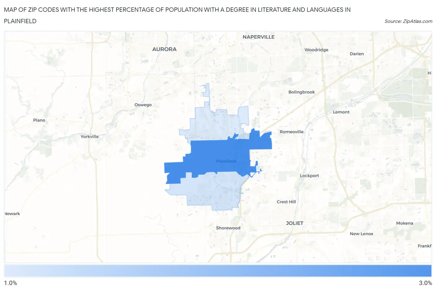 Zip Codes with the Highest Percentage of Population with a Degree in Literature and Languages in Plainfield Map