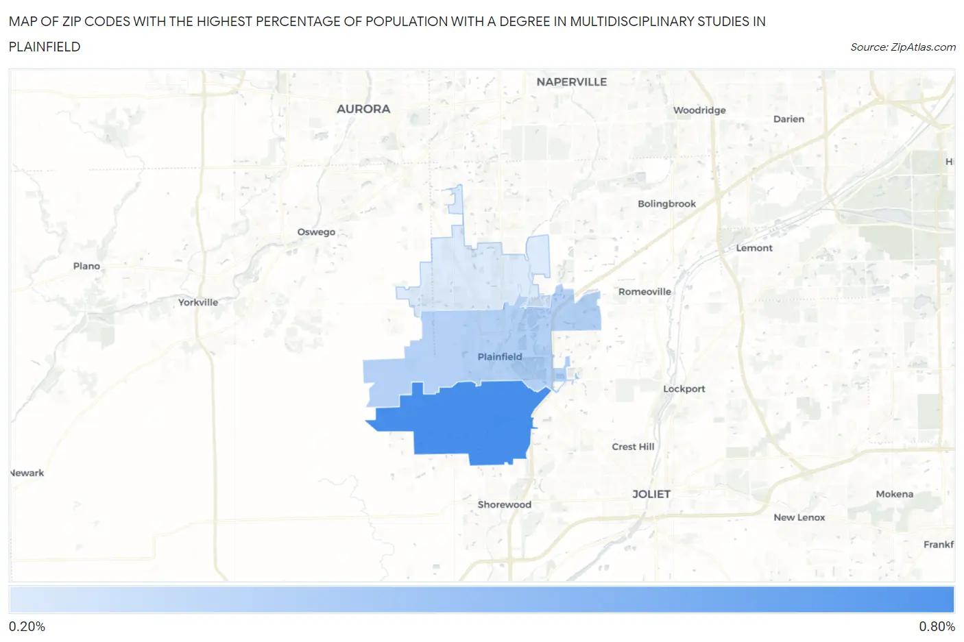 Zip Codes with the Highest Percentage of Population with a Degree in Multidisciplinary Studies in Plainfield Map