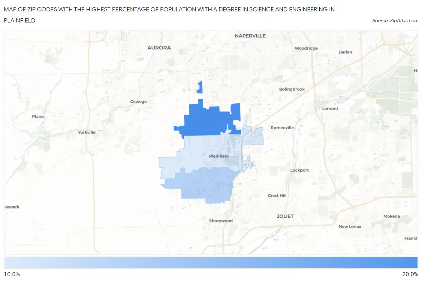 Zip Codes with the Highest Percentage of Population with a Degree in Science and Engineering in Plainfield Map