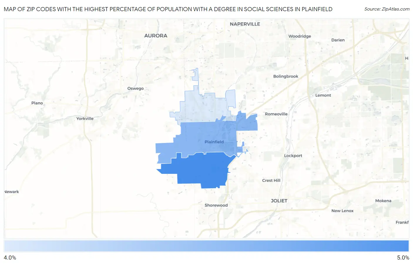 Zip Codes with the Highest Percentage of Population with a Degree in Social Sciences in Plainfield Map