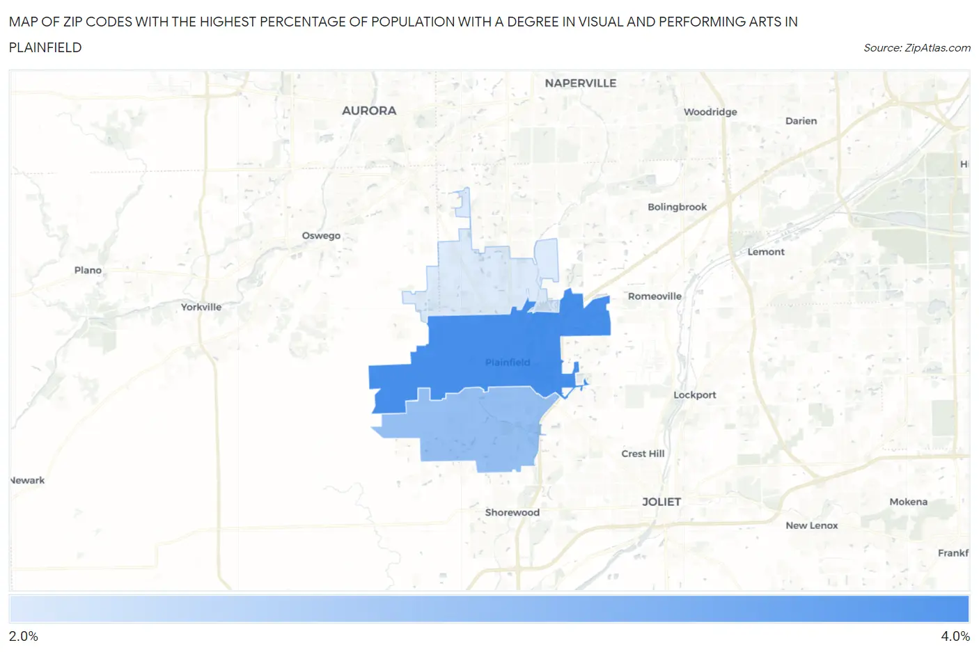 Zip Codes with the Highest Percentage of Population with a Degree in Visual and Performing Arts in Plainfield Map