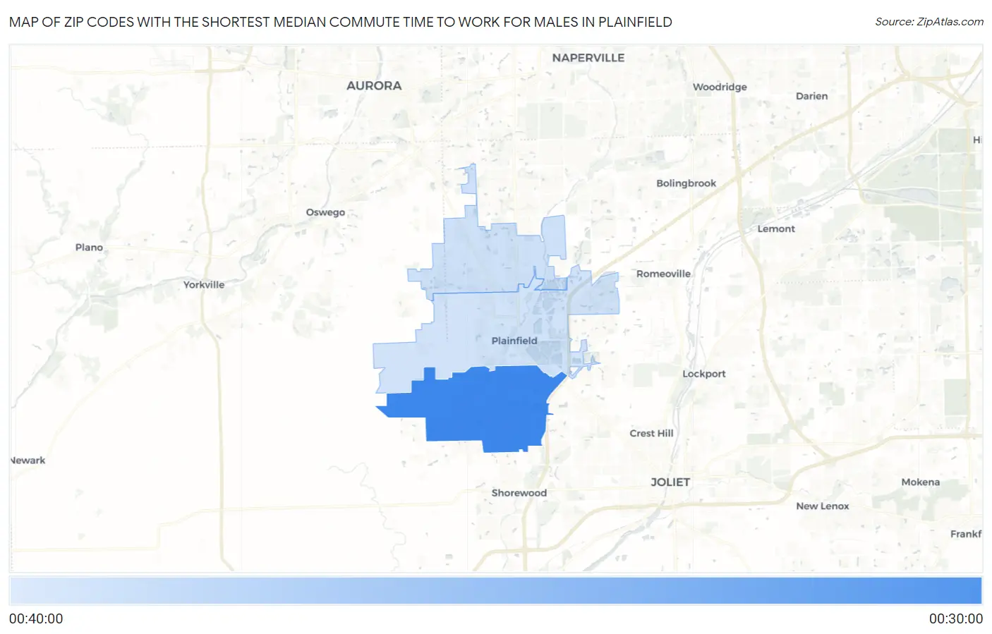 Zip Codes with the Shortest Median Commute Time to Work for Males in Plainfield Map