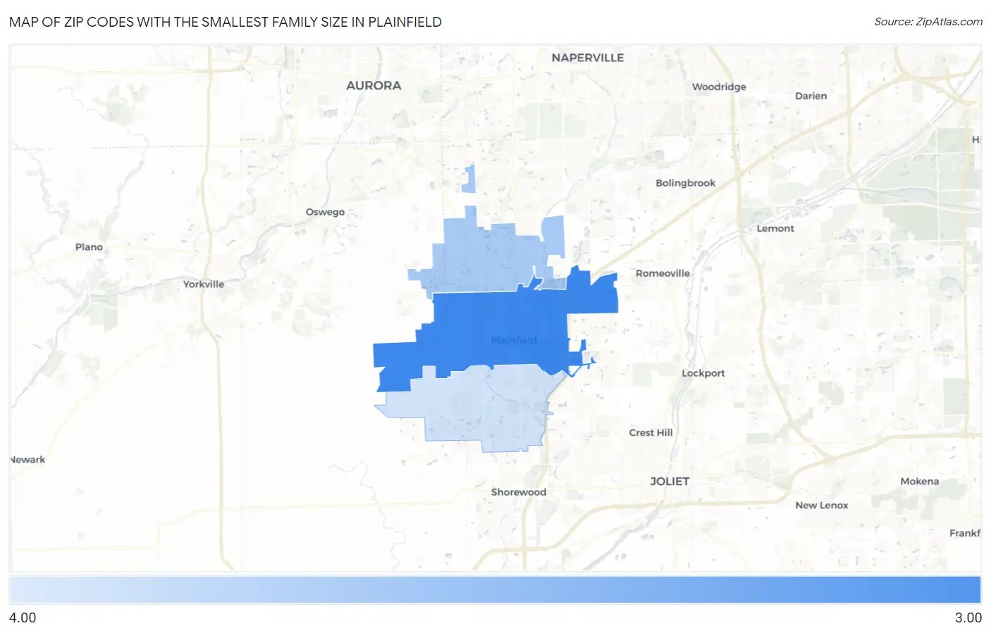 Zip Codes with the Smallest Family Size in Plainfield Map