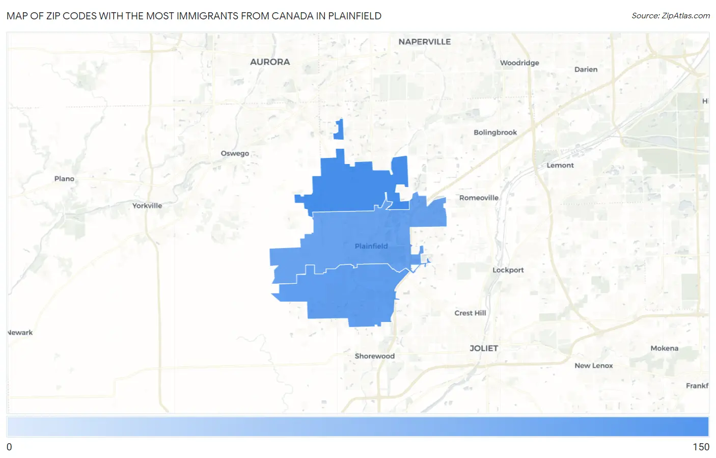 Zip Codes with the Most Immigrants from Canada in Plainfield Map